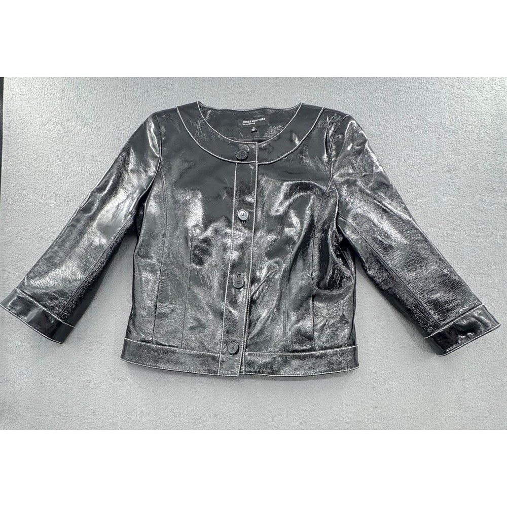 Jones New York Y2K VTG Jacket M Patent Leather Contrast Stitch Moto Biker Edgy